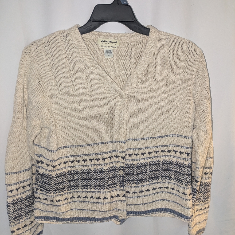 Eddie Bauer Women's Cream and Blue Sweater